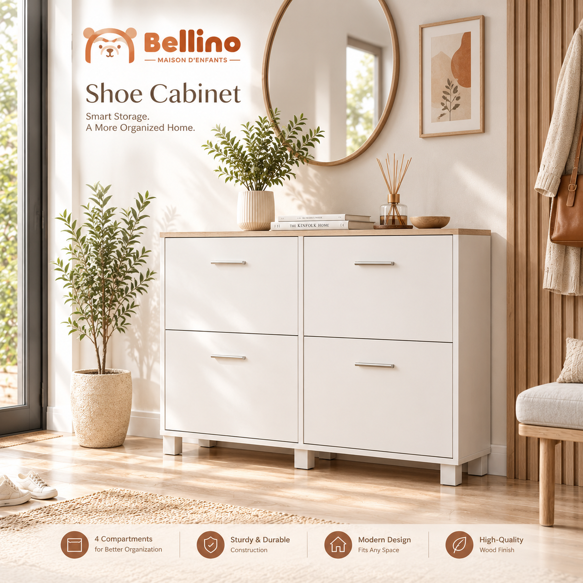 Modern 4-Door Shoe Cabinet – 100 × 100 × 30 cm