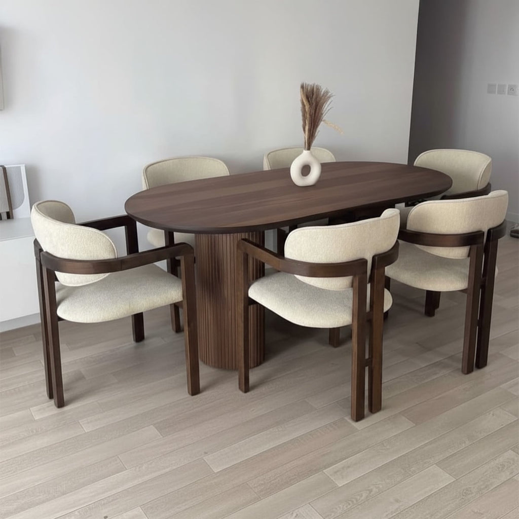 7-Piece Beech Wood & Panda Fabric Dining Set – Brown & Off-White