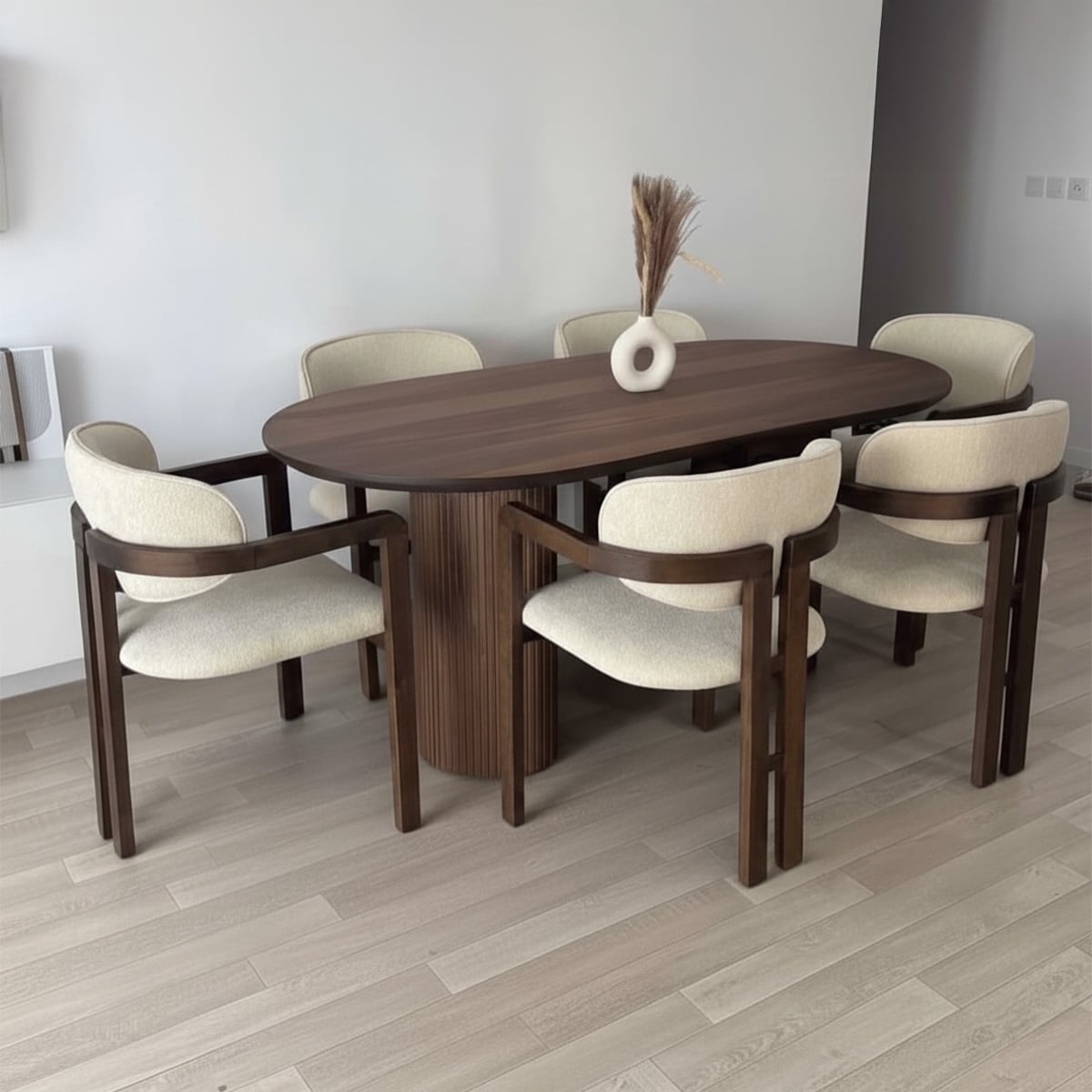 7-Piece Beech Wood & Panda Fabric Dining Set – Brown & Off-White
