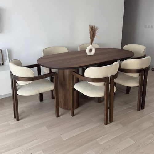 7-Piece Beech Wood & Panda Fabric Dining Set – Brown & Off-White