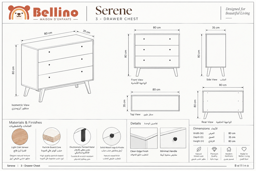 Serene 3-Drawer Unit – 80 cm
