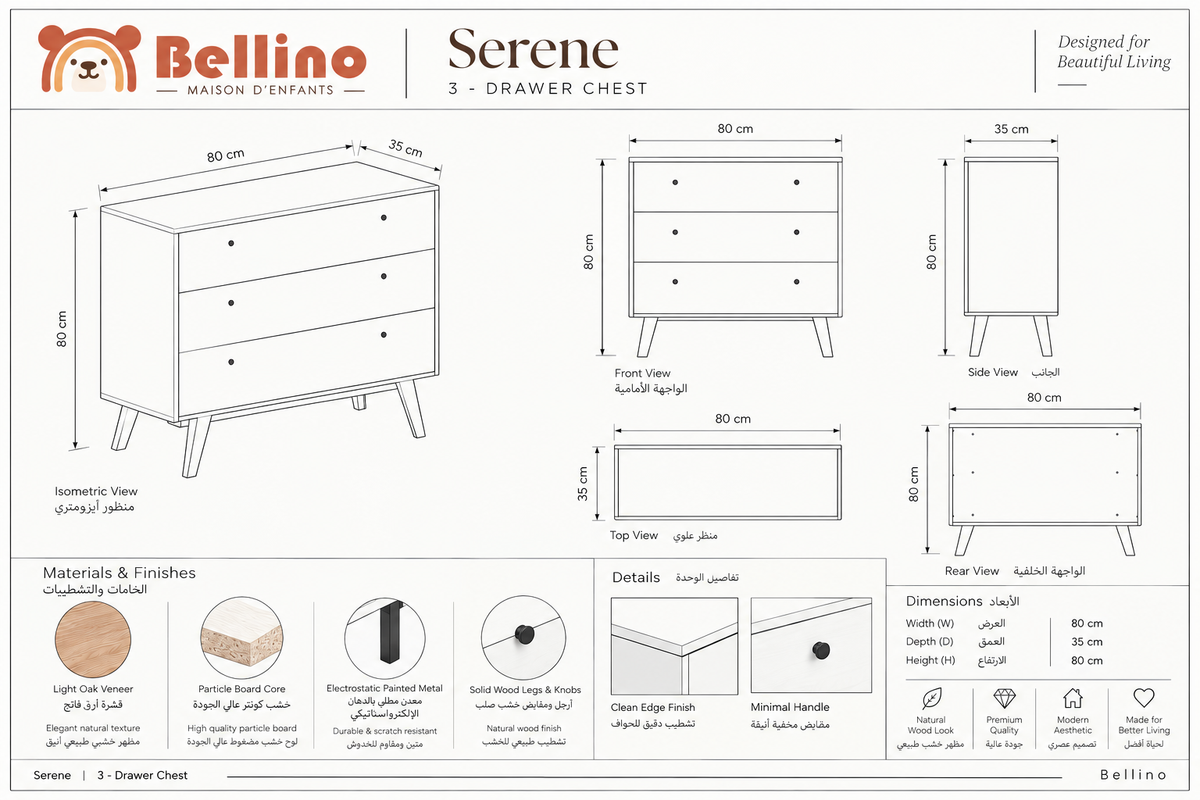 Serene 3-Drawer Unit – 80 cm