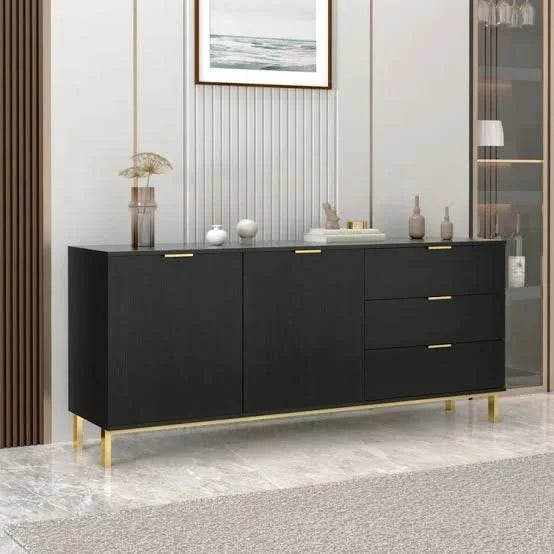 Modern Black Sideboard – 2 Doors + 3 Drawers, Gold Stainless Steel Legs | 150 × 85 × 40 cm