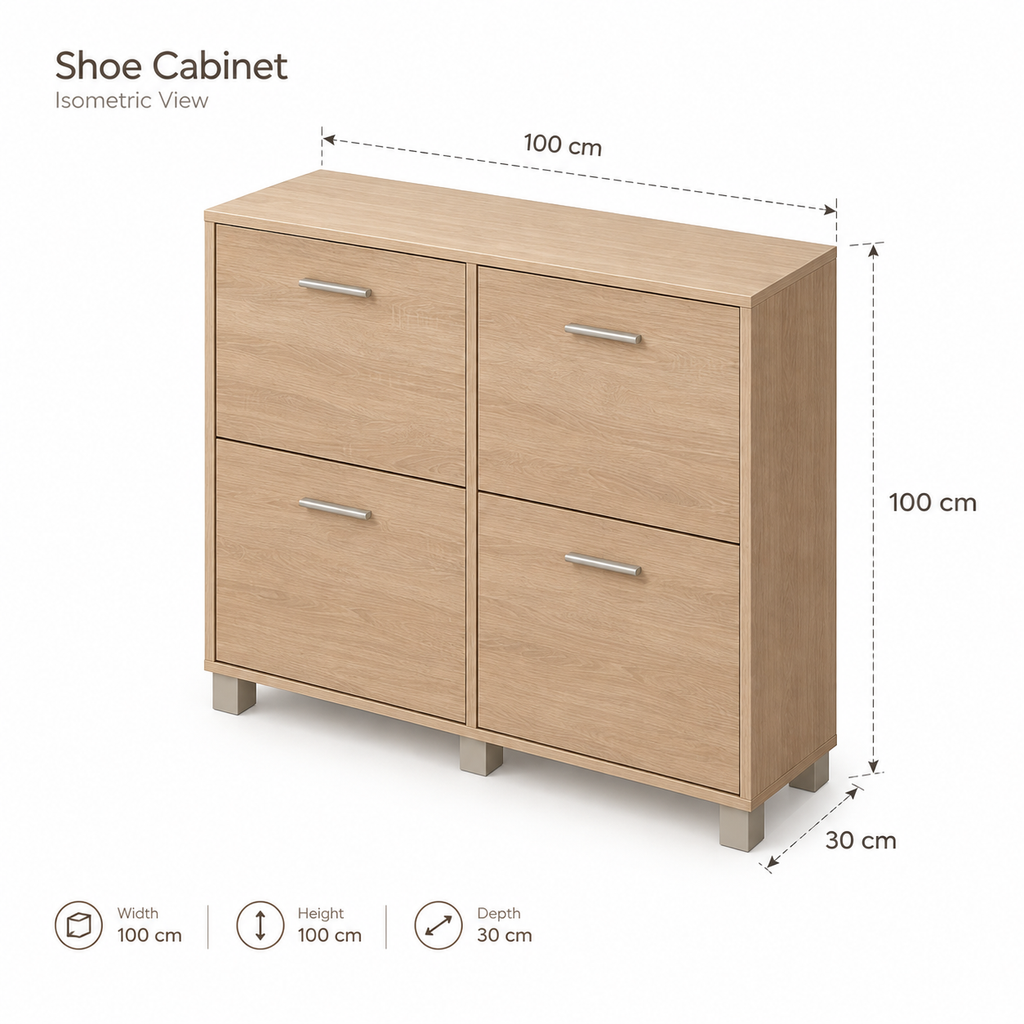 Modern 4-Door Shoe Cabinet – 100 × 100 × 30 cm