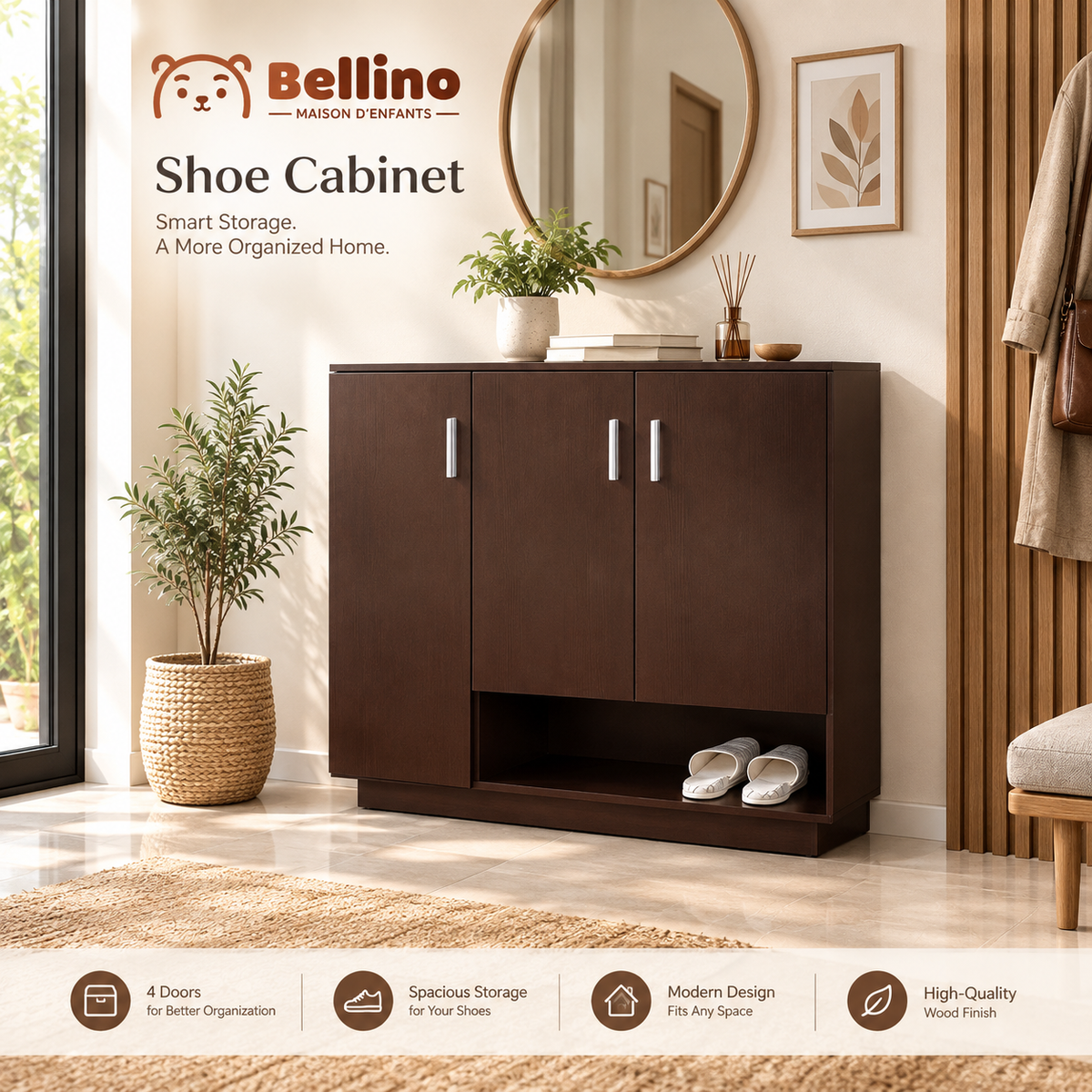 Modern 4-Door Shoe Cabinet – 100 × 100 × 40 cm