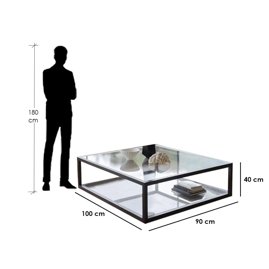 Black Steel & Glass Coffee Table – 40 × 90 × 100 cm