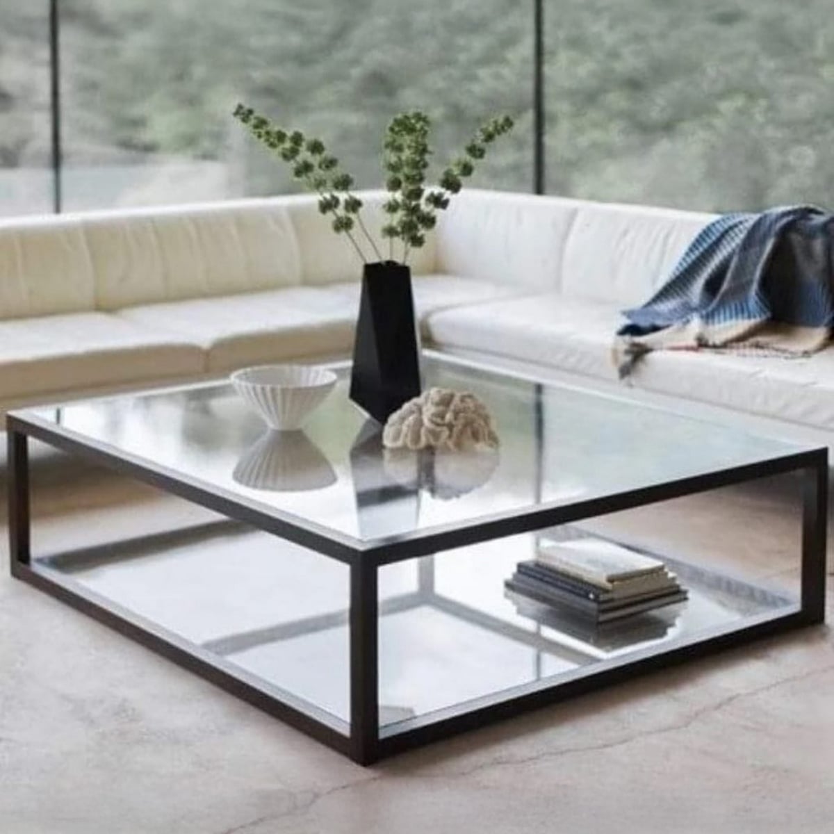 Black Steel & Glass Coffee Table – 40 × 90 × 100 cm