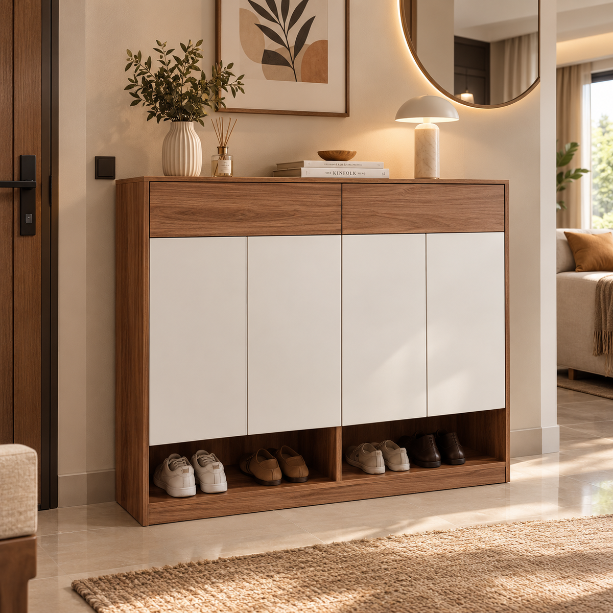 MDF Shoe Cabinet – 8 Shelves, Brown & White | 110 × 120 × 40 cm