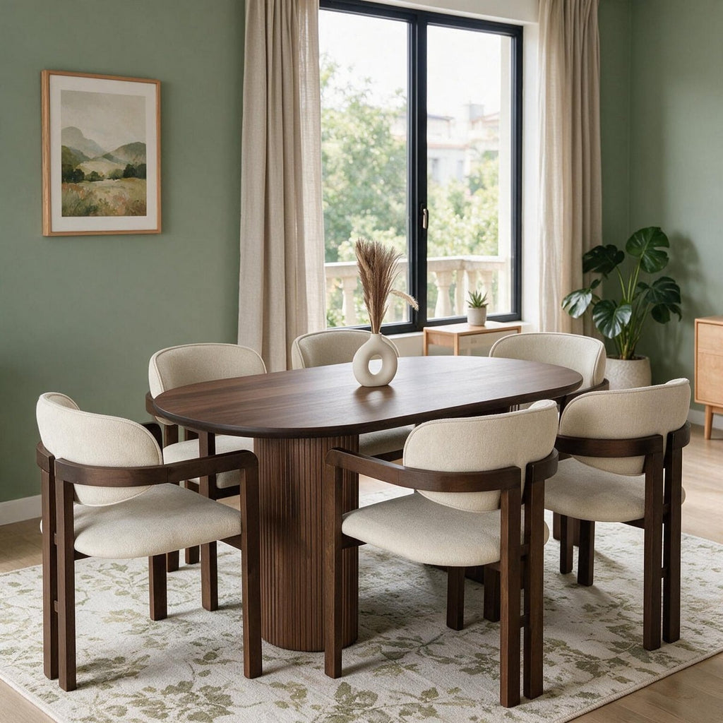 7-Piece Beech Wood & Panda Fabric Dining Set – Brown & Off-White