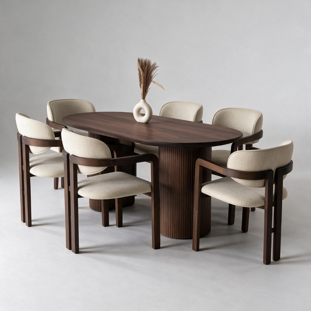 7-Piece Beech Wood & Panda Fabric Dining Set – Brown & Off-White