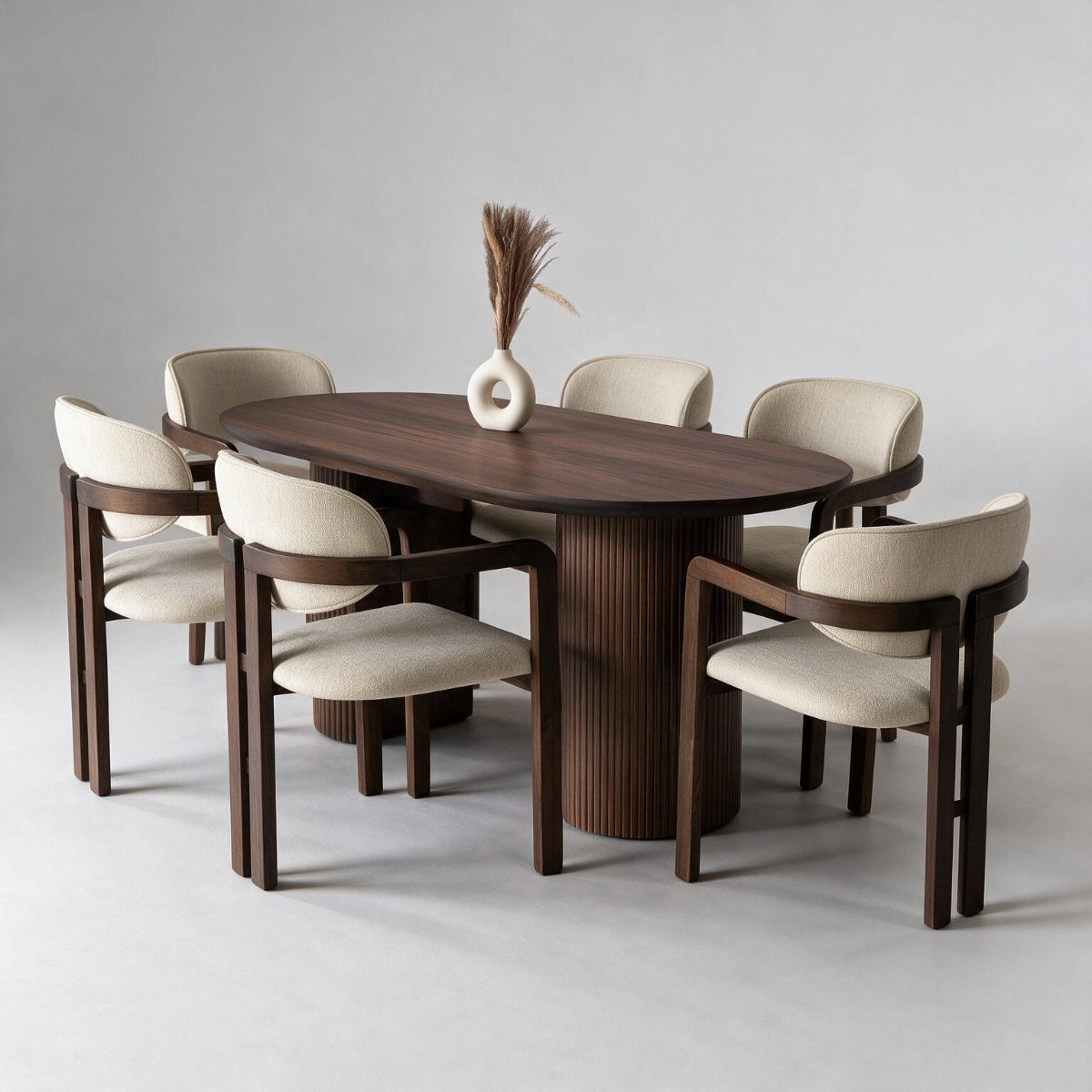 7-Piece Beech Wood & Panda Fabric Dining Set – Brown & Off-White
