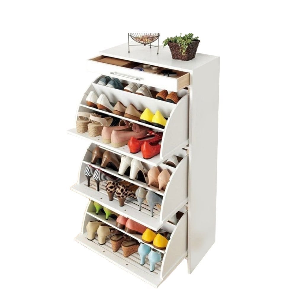 White Plywood Shoe Cabinet – 3 Flip Drawers – 40 × 145 × 80 cm