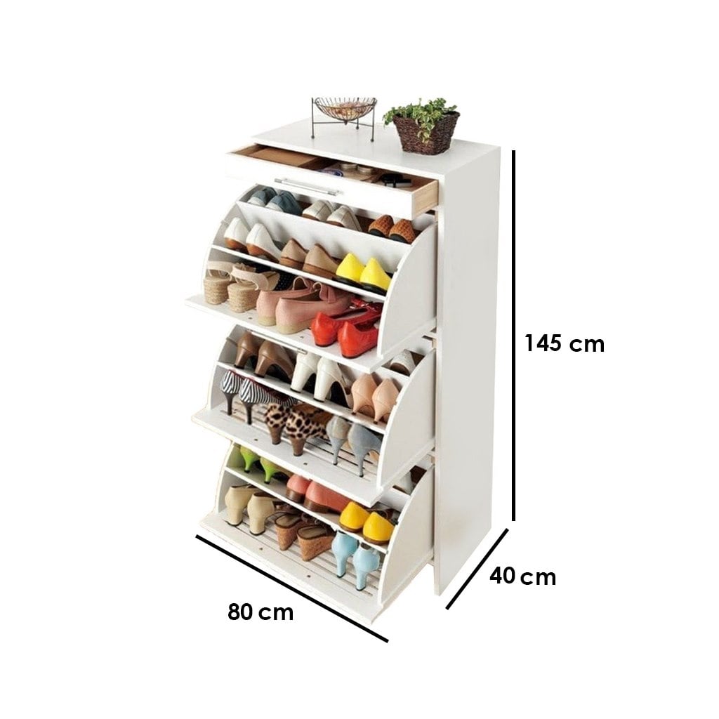 White Plywood Shoe Cabinet – 3 Flip Drawers – 40 × 145 × 80 cm
