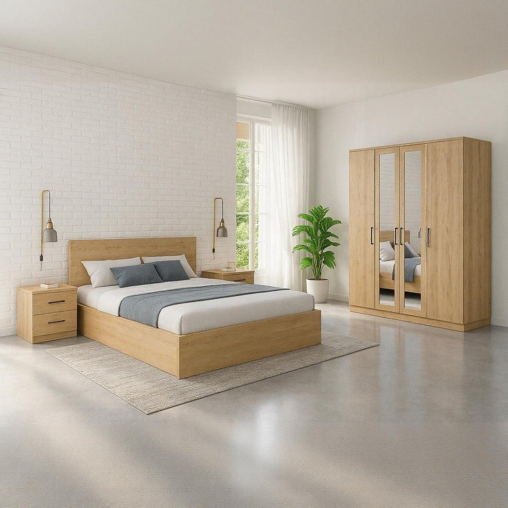 4-Piece Beige Bedroom Set | King Bed, Wardrobe & Nightstands