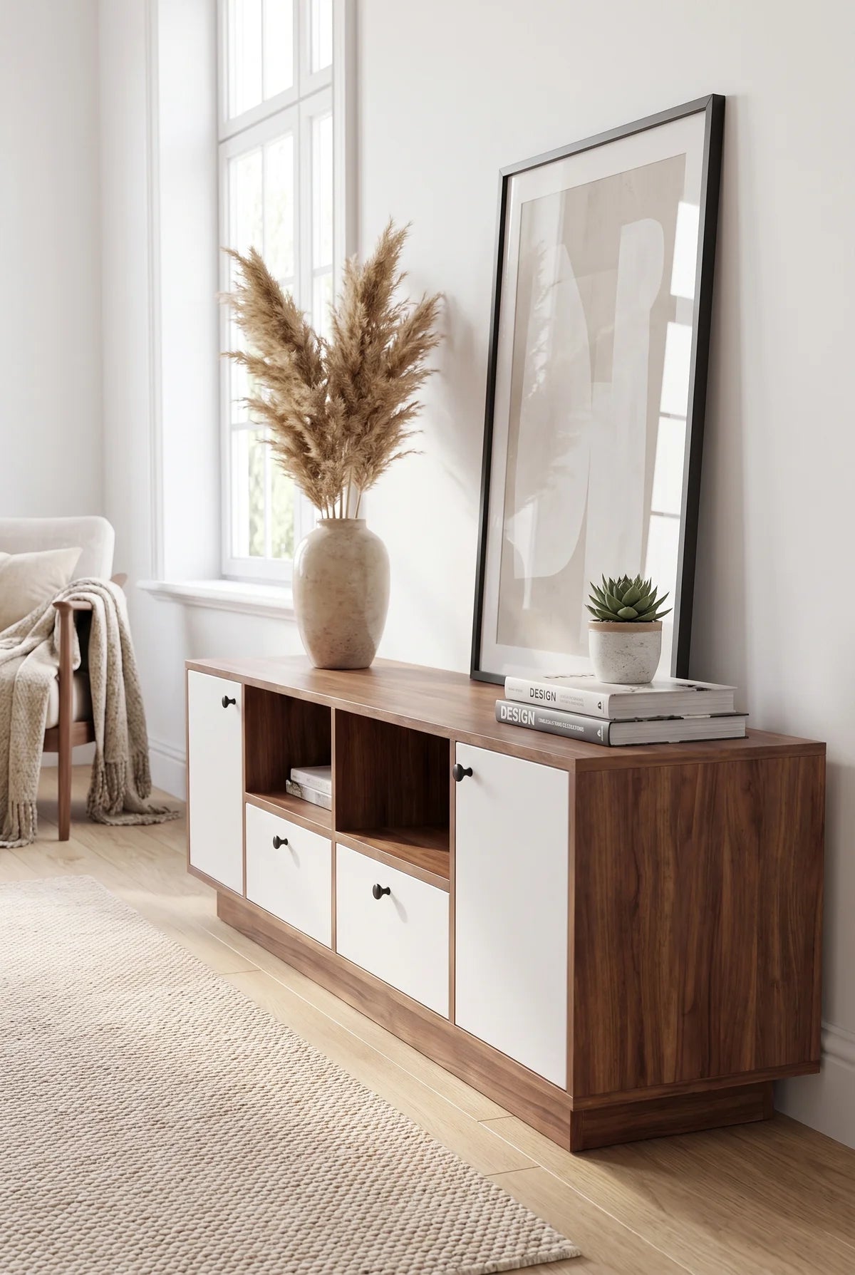Lora Modern TV Unit – Wood & White 58 × 180–200 × 40  cm